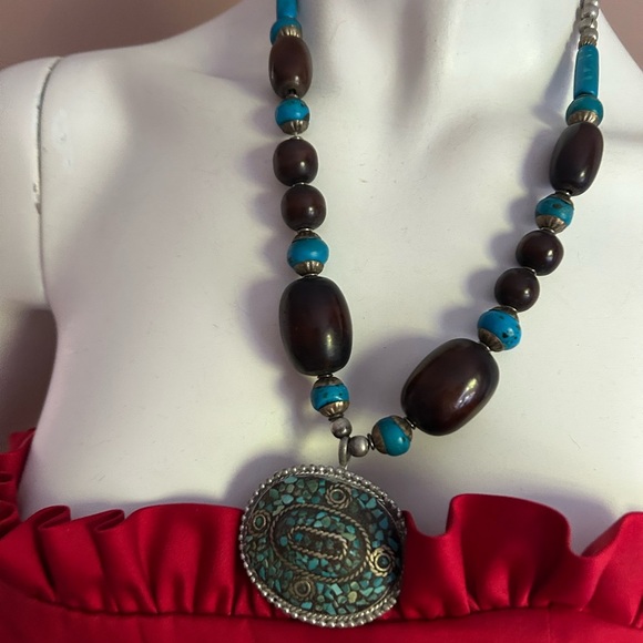 Turquoise and Brown Beaded Necklace with Silver Pendant 22 inches tribal 💙 - Picture 3 of 6